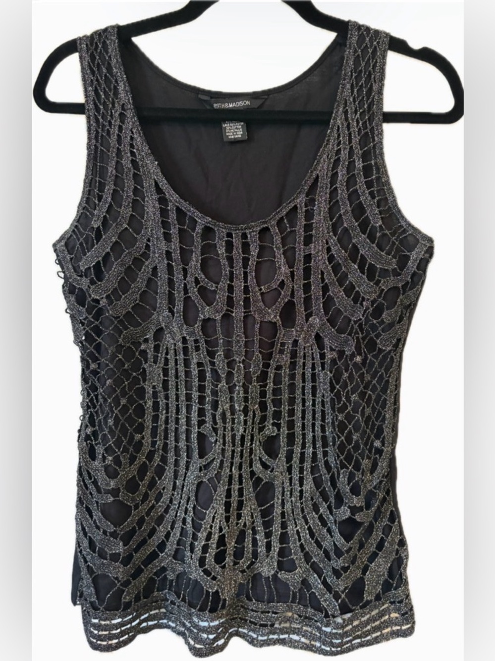 89th & Madison Black Metallic Crochet Lace Tank Top Medium
